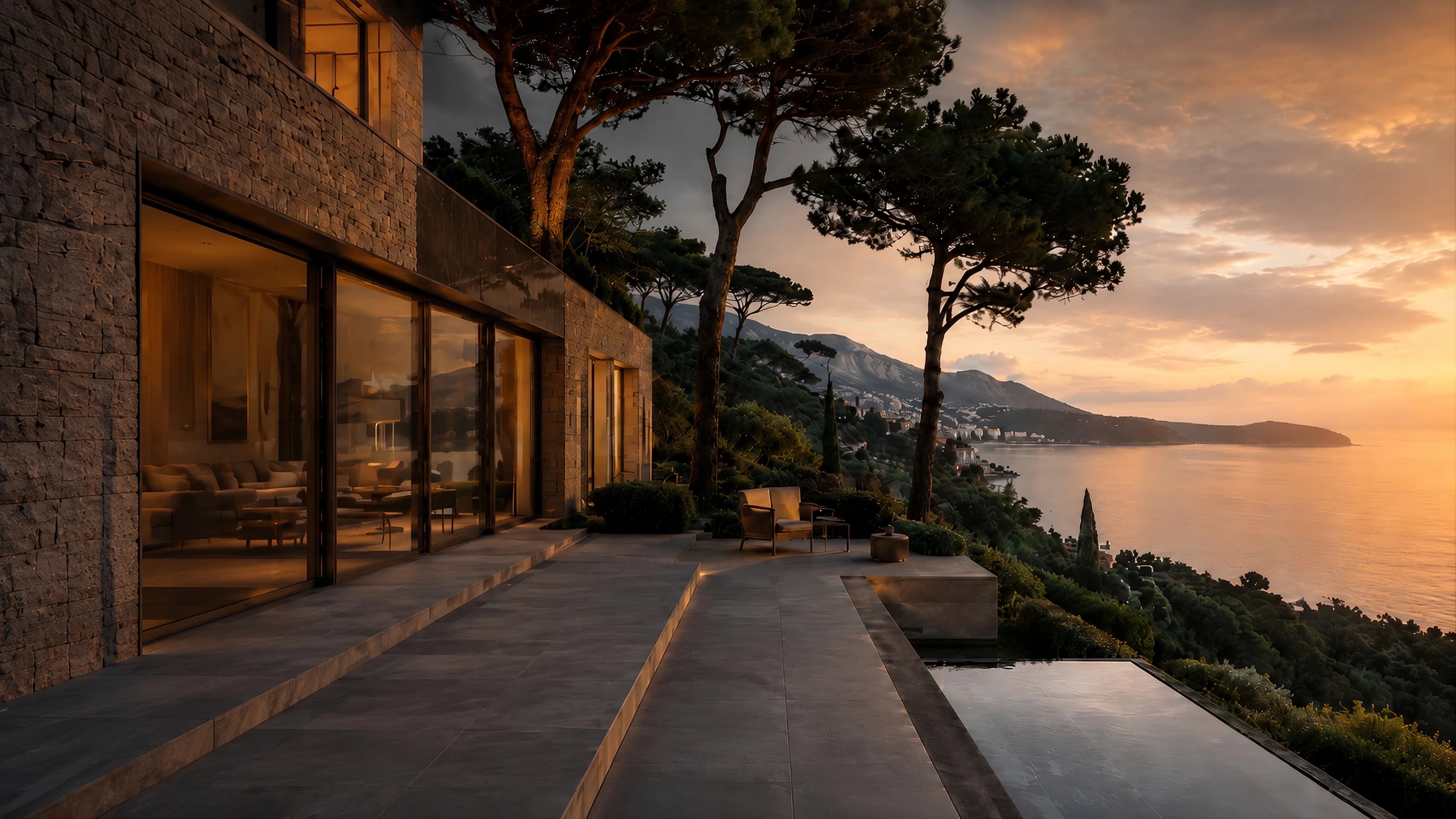 Coastal architectural atmosphere at sunset